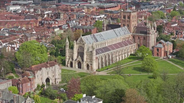 Aerial, St Albans Cathedral and the medieval Great Gateway of the Monastery of the Abbey precinct, Hertfordshire, England