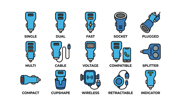 Car charger icons showing types and features on white background
