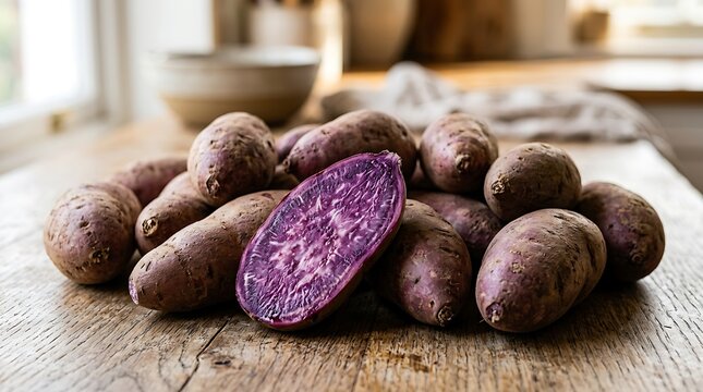 Sejumlah Ubi Jalar Ungu Segar Disusun di Atas Meja Kayu untuk Konsep Makanan sehat dan Alami