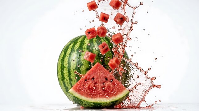 Semangka dan Jeruk Melon Segar Dilempar dengan Air Berada di Udara dalam Komposisi Warna Cerah dan Menarik