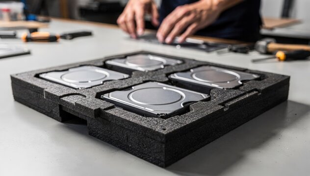 Clear focus on foam insert assembly around reproduced media drives showcasing protective packaging with the worker and tools artistically out of focus.