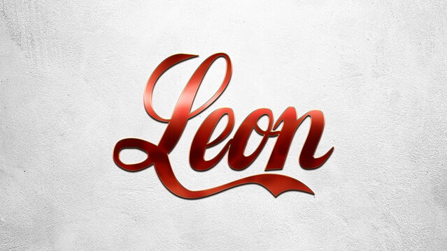 Red 3D text effect of name Leon on silver background.