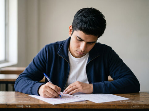 young indian student writing on paper during exam representing study focus competitive preparation and academic performance concept