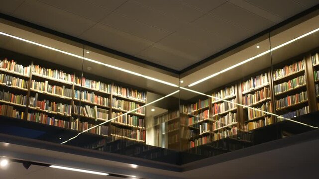 Modern library interior with towering bookshelves glass railings and warm lighting ideal for education research or quiet workspaces in academic or corporate settings