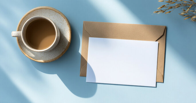 Coffee cup with blank card and envelope