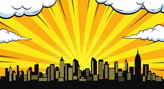 Golden yellow comic burst background with skyline silhouette and energetic pop art rays ideal for comic books, advertising and creative graphics.