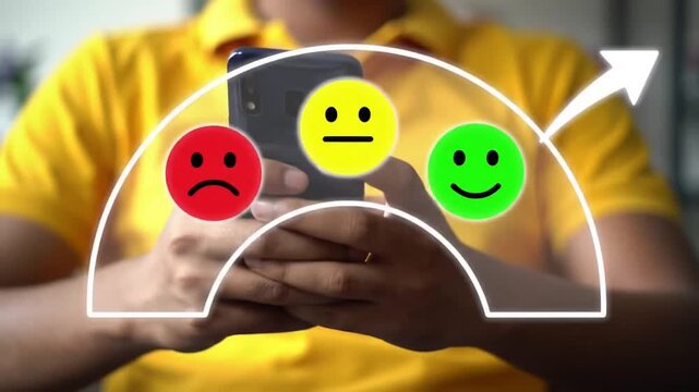 Person using smartphone, showing feedback scale with sad, neutral, and happy emoticons transitioning in stock media style.