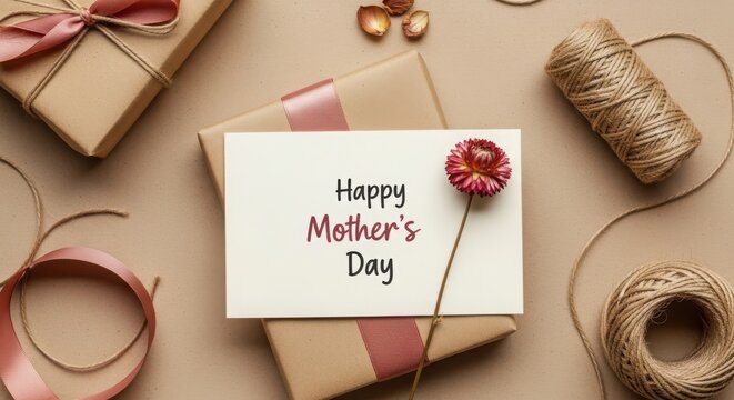 Happy mothers day greeting card with gift boxes, twine, and a dried flower on a beige background