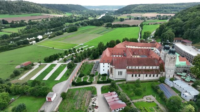 Aerial view Plankstetten with Benedictine Abbey, Plankstetten, Berching, Bavaria, Germany,