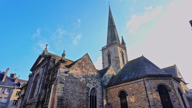 Looking up view of the gothic and romanesque styled Saint-Vincent Cathedral of Saint-Malo or simple Saint-Malo Cathedral, Intra-Muros, France