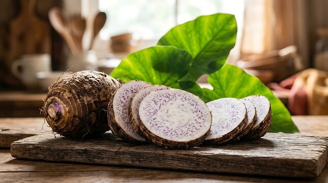 Ubi Ulam Tradisional Talas dengan Daun Segar di Meja Kayu di Dapur Alami