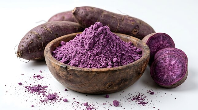 Ubi ungu dan bubuk ubi ungu di mangkuk kayu dengan irisan di sekitarnya, menunjukkan bahan alami dan kesehatan, cocok untuk konsep makanan dan nutrisi alami