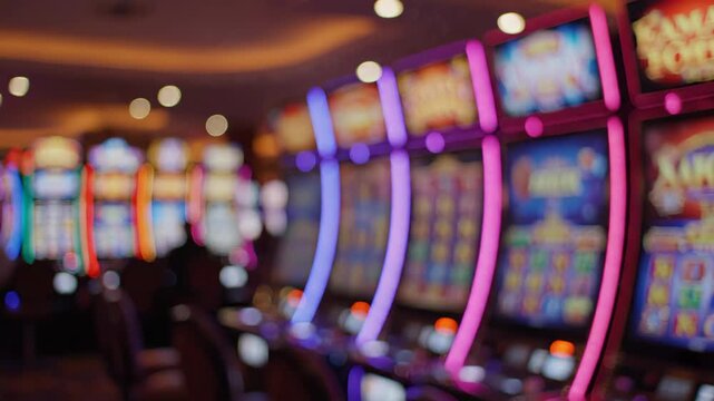 Out of focus view of numerous slot machines in a casino, featuring dynamic flashing lights and bokeh effects, evoking excitement and entertainment.