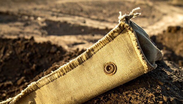 Close-up view of a torn corner of a sturdy canvas bag with visible frayed stitching resting on rough ground