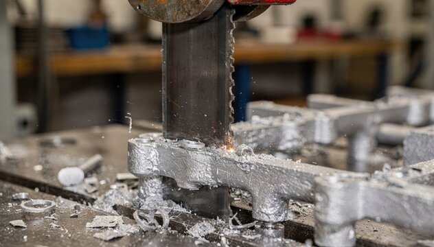 Medium angle on bandsaw blade slowly cutting cast parts from sprue blade teeth clearly visible in sharp focus surrounding workshop elements out of focus.