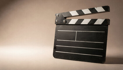 Fototapeta premium Classic Old-Fashioned Film Slate or Clapper Board in a Studio Setting, Ready for Action on a Production Set with Copy Space for Creative Design