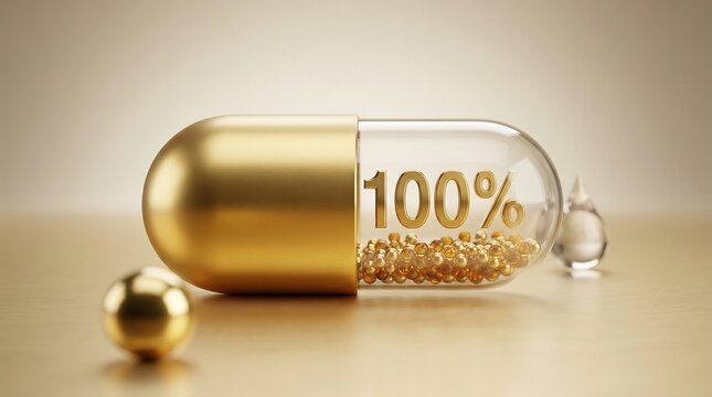 Golden capsule with 100% inscription and tiny beads inside, symbolizing perfection