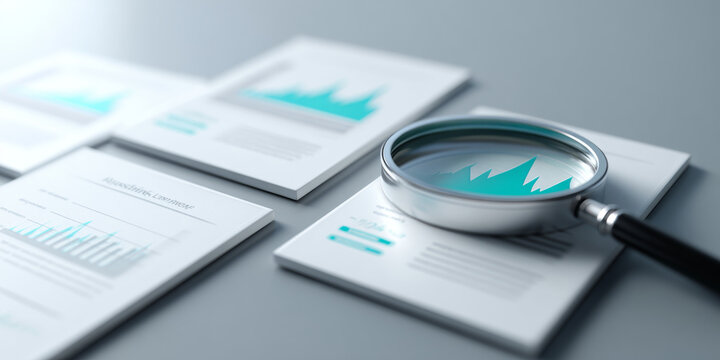Close-up of magnifying glass focusing on business charts and graphs on printed documents on gray surface
