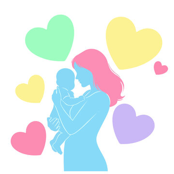 Mother tenderly holds baby surrounded by colorful hearts lovingly