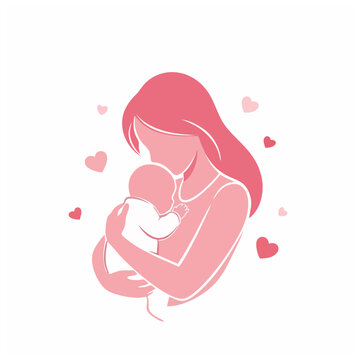 A mother lovingly holds and nurses her baby surrounded by hearts