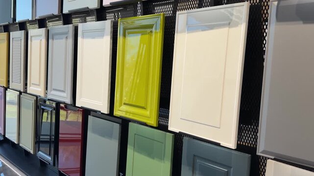 Kitchen cabinet door samples displayed on wall