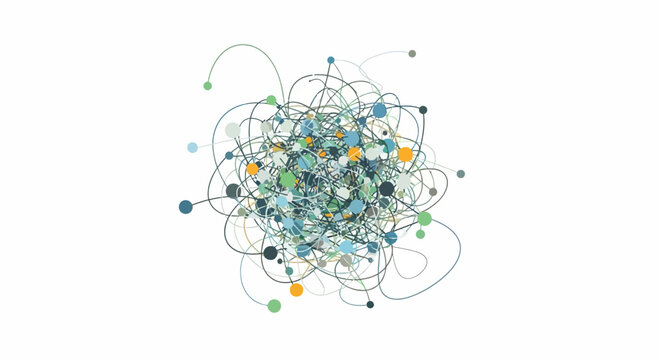 Colorful tangled lines, abstract connections, swirling shapes, vibrant network