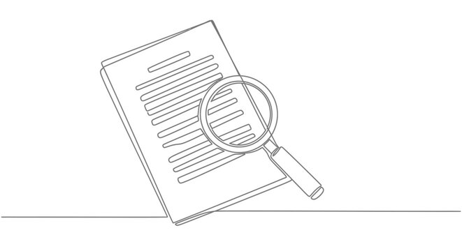Document with text magnified by a magnifying glass illustrated concept document analysis