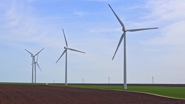 View to renewable energy generation with wind generators in wind park located near the village of Suvorovo, Varna, Bulgaria