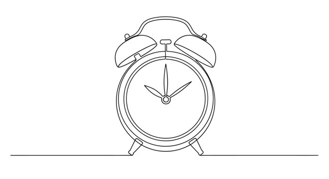 Minimalist line art drawing of an alarm clock with wake up tick tock continuous line schedule