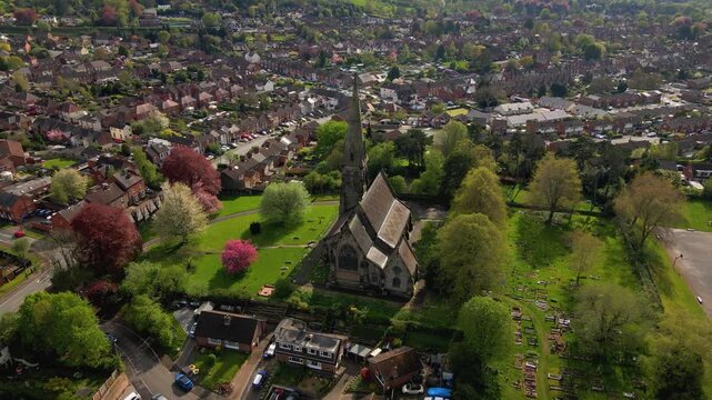 Aerial panorama of the residential district behind the historic parish