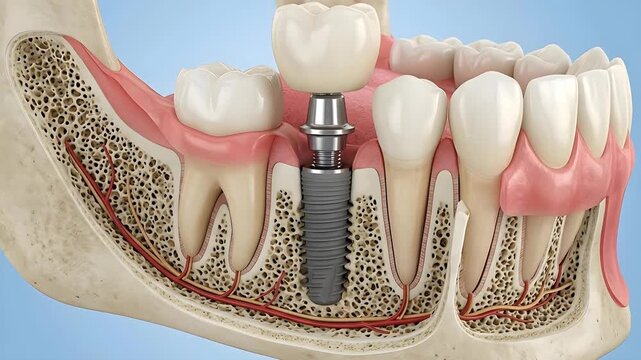 Detailed Anatomical Cross Section Of A Human Mandible Showing A Dental Implant Supporting A Tooth Crown Against A Clean Blue Background