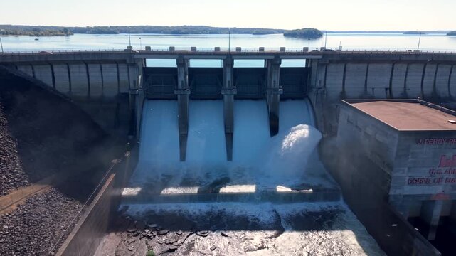 J. Percy Priest Dam is a hydroelectric dam in north central Tennessee along the Stones River, a tributary of the Cumberland - pullback aerial reveal