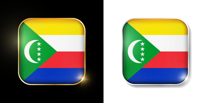 Comoros flag shiny golden and silver icons isolated on black and white. Vector 3D square rounded illuminated buttons with shadow. Use for bets, tournament, olympic and sport games