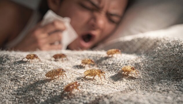 Unsettling image of a person sneezing while small insects crawl on a fabric surface, highlighting allergy and infestation concerns in a household