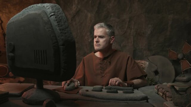 Confident prehistoric businessman sitting at his desk and working with a computer, his office supplies and devices are made of stone