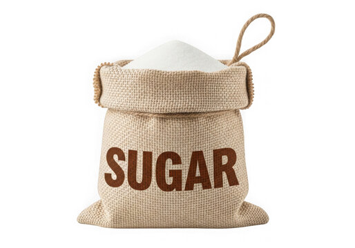 A burlap bag filled with white sugar isolated on transparent background