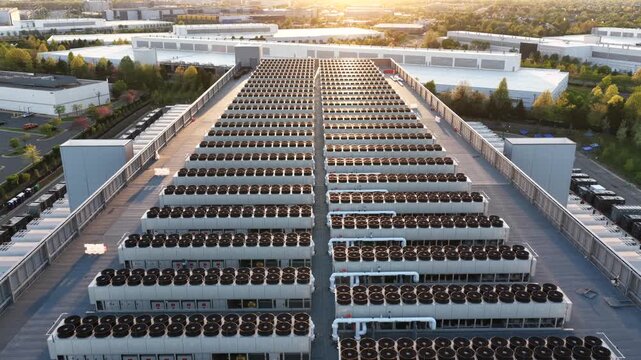 Massive server farm rooftop in Ashburn, Virginia at sunset, with rows of cooling units and modern data center infrastructure powering cloud computing and AI technology in USA. Aerial tilt up wide shot