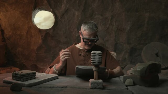 Prehistoric news presenter working in the TV studio, he is reading news and speaking into a microphone