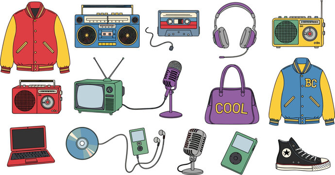 Retro Lifestyle Collection with Vintage Music Devices, Fashion Jackets, Accessories and Technology Elements for 90s Culture, Trendy Design and Creative Vector Illustration.