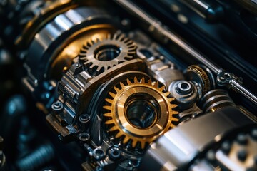 Fototapeta premium Gearbox metal gear mechanical part industrial machine precision engineering golden gear steel component close up macro photography machinery detail transmission system machine part engineering