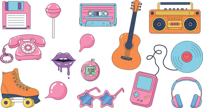 Retro Pop Culture Elements Collection with Vintage Music Devices, Roller Skate, Phone and Fashion Accessories for 90s Lifestyle and Colorful Vector Illustration.