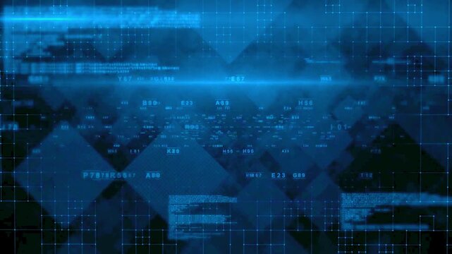 Dark blue hi-tech motion background with glowing lens flares and HUD interface elements for corporate presentations and software development.
