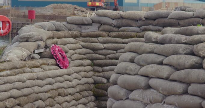 Shot of the entrance to a War Memorial set up as a World War One trench. At Shoreham Fort