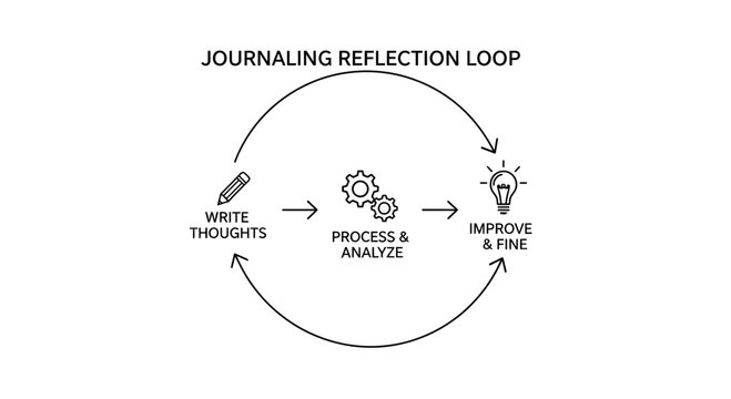 Journaling reflection loop, productivity mindset concept, personal growth cycle, self improvement process
