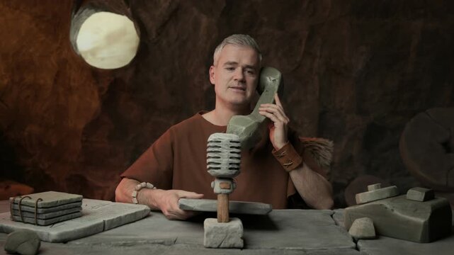 Prehistoric news presenter working in the TV studio, he is reading news and answering phone calls