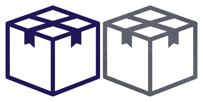 Two stylized cardboard boxes, one in blue outline, the other in grey outline, representing shipping and delivery.