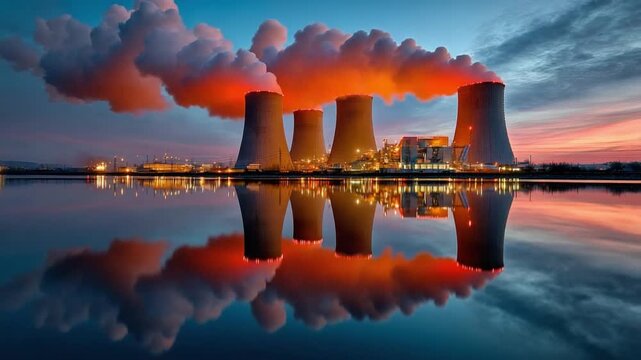 Industrial Power and Energy Reflection: Capturing an industrial scene with massive cooling towers and billowing smoke against a vibrant dusk sky and lake reflection.