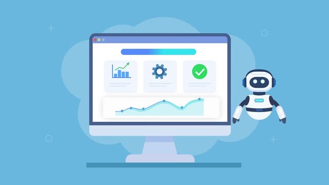 Friendly robot assistant interacting with automated dashboard featuring analytics charts, data reports, and progress indicators in smooth animation, representing performance tracking and smart busines