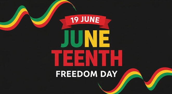 Graphic with "Juneteenth Freedom Day" text and a red ribbon, featuring red, yellow, and green wave, symbolic celebration of emancipation