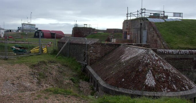 Wide shot of the entrance to a War Memorial set up as a World War One trench. At Shoreham Fort